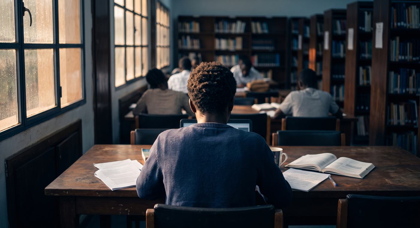 Un étudiant de dos, travaillant sur son ordinateur portable dans une bibliothèque universitaire, entouré de documents et d'ouvrages.