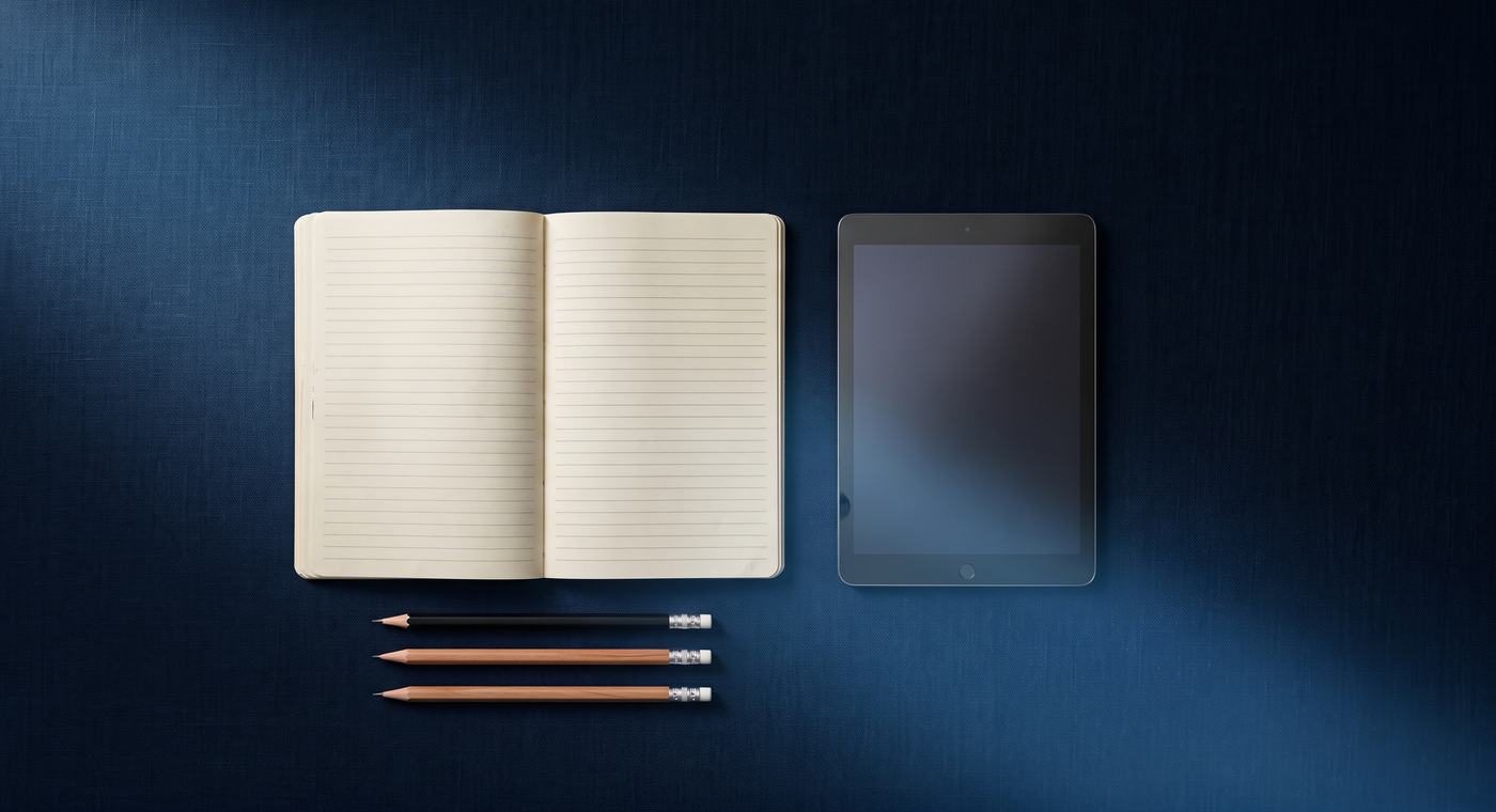 Un carnet ouvert, une tablette et trois crayons disposés avec soin sur un fond bleu encre.